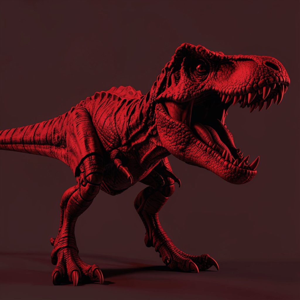 Duotone photograph of a mechanical dinosaur-shaped robot, in industrial silver and dark grey tones with a fierce mood