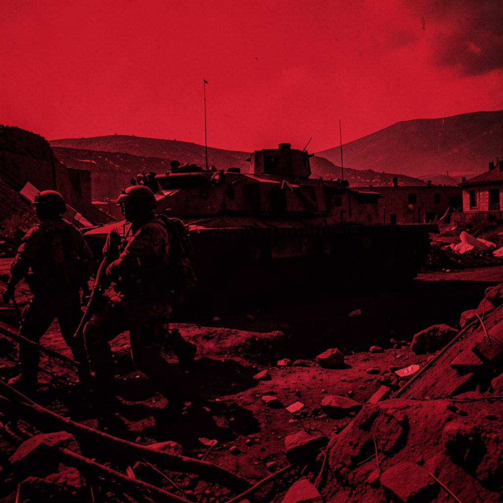 Duotone photograph of a rugged battle-worn landscape with makeshift fortifications, in dusty orange and dark brown tones with an intense mood